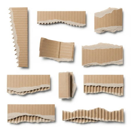This image displays a collection of different shapes and sizes of corrugated cardboard pieces, each isolated on a white background. The pieces exhibit various textures and patterns typical of corrugated cardboard, making it clear and SEO-friendly for searches related to packaging materials.の素材