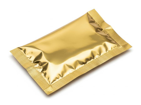 The image depicts a single gold foil condom packet resting on a plain white background. The packet is rectangular with a shiny, metallic gold surface that reflects light. The edges of the packet are sealed with a textured border, ensuring the contents are secure. The foil appears smooth and well-formed, indicating it is new and unused. The packet is positioned centrally in the image, drawing the viewer's attention to its details.の素材