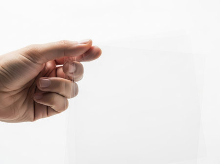 The image depicts a close-up view of a hand holding a single red pill. The hand is positioned with the fingers slightly curled around the pill, and the thumb is visible on the side. The background is a plain white, which contrasts sharply with the vibrant red of the pill. The lighting is soft, casting gentle shadows and highlighting the smooth surface of the pill. The overall composition is minimalistic, focusing solely on the hand and the pill.の素材