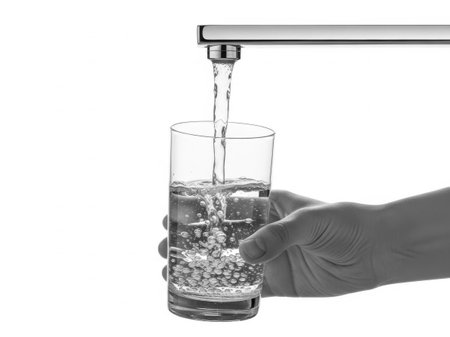 The image depicts a hand holding a transparent glass under a modern faucet, with water flowing into the glass. The water creates bubbles as it fills the glass, capturing the simplicity and clarity of the moment. The background is plain white, emphasizing the focus on the action of pouring water.の素材