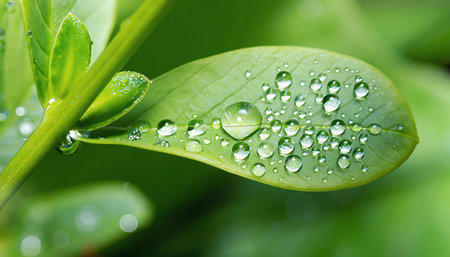 Water drops on green leaf. Nature background. Shallow depth of field.