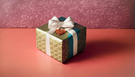 Gift box with a white bow on a red background. The concept of a gift for the holiday.