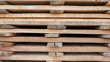 Stack of wooden studs in a sawmill, close-up