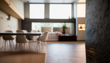 Blur interior of modern kitchen and living room, shallow depth of focusの写真素材