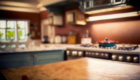 Blurred image of modern kitchen interior for background usage. Toned.の写真素材