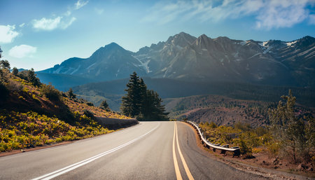 Mountains and road in Glacier National Park, Montana, USA.の写真素材
