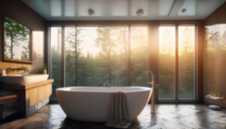 Blurred image of modern bathroom interior with white bathtub and panoramic window.の写真素材