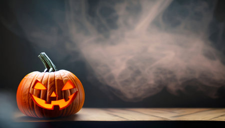 Halloween pumpkin on wooden table with smoke background. Select focus.の写真素材