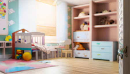 Blurred image of modern child's room interior for background uses. Blur background.の写真素材