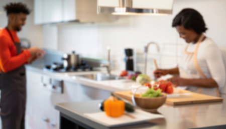 Blurred background of African American couple cooking together in kitchen at homeの写真素材
