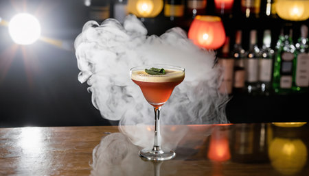 cocktail on the bar in the night club with smoke and fireの写真素材