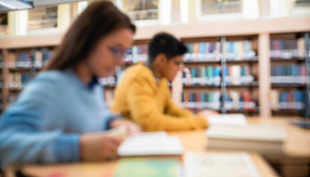 Blurred background of students reading books in library, shallow depth of focus