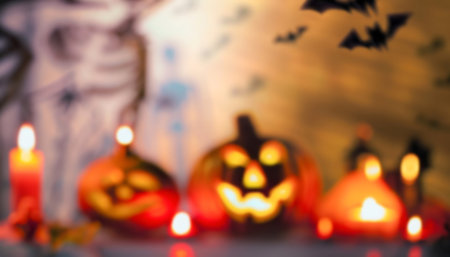 Halloween background with pumpkins and bats, shallow depth of fieldの写真素材