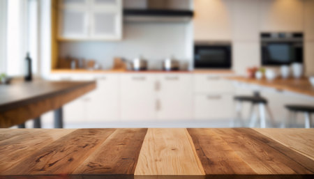 Empty wooden table and blurred kitchen background, product display montage.の写真素材
