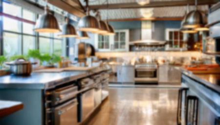 Blurred image of modern kitchen interior for background usage. Vintage tone.の写真素材