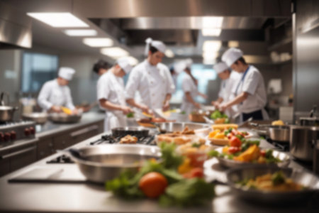 Chef preparing food in the kitchen of a restaurant, blurred backgroundの写真素材