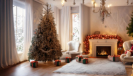 Blurred background of living room with Christmas tree, fireplace and Christmas decorationsの写真素材