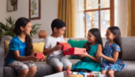 Blurred background of happy family sitting on sofa at home and opening gift box