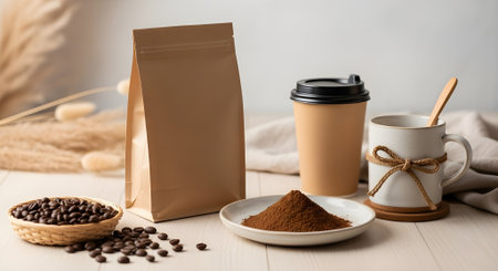 Coffee beans and paper bag on wooden table, closeupの素材