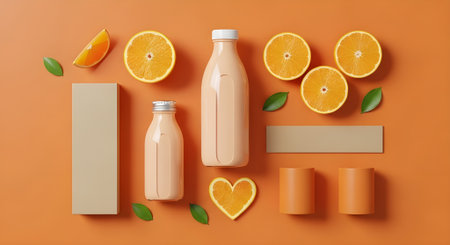 Flat lay composition with bottles of juice and orange slices on color backgroundの素材