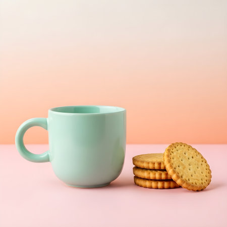Cup of coffee and cookies on pink and orange background. Breakfast concept.の素材