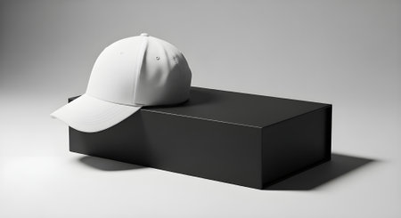 Blank white baseball cap mockup on black box, 3d renderingの素材