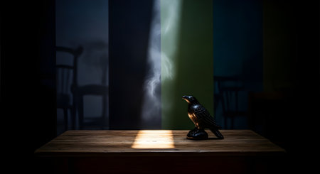 Black bird sitting on a wooden table in a dark room with smoke.の素材