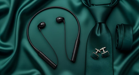 Headphones and necktie on green satin cloth. 3d renderingの素材