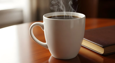 Cup of coffee and book on wooden table, close-upの素材