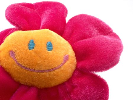 Happy smiling flower toy isolated on white backgroundの写真素材