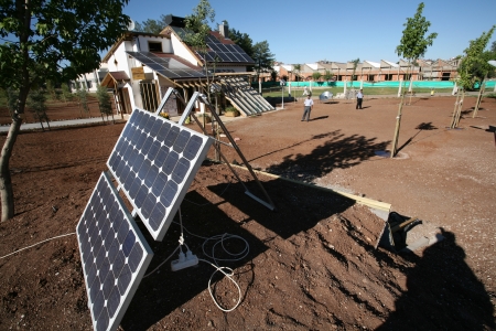 Rural residence with solar panels on a roofのeditorial素材