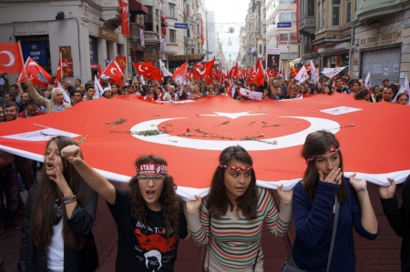  Istanbul,Turkey-October 29, 2012  Many people in Turkey celebrate Republic Day on October 29 by attending performances and participating in traditional processions with flags on October 29, 2012 in Istanbul,Turkey                     のeditorial素材