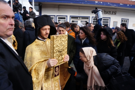 Istanbul,Turkey-January 6, 2012: Orthodox Christians in Istanbul reenacted the baptism of Christ with a traditional cross-throwing ceremony on January 6, 2012 in istanbul,Turkeyのeditorial素材