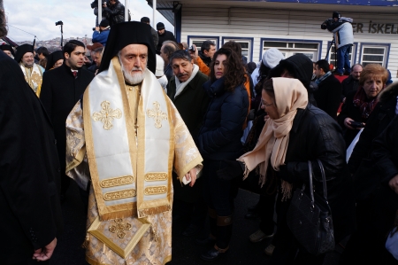 Istanbul,Turkey-January 6, 2012: Orthodox Christians in Istanbul reenacted the baptism of Christ with a traditional cross-throwing ceremony on January 6, 2012 in istanbul,Turkeyのeditorial素材