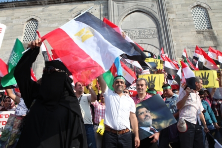ISTANBUL, TURKEY- AUGUST 17  Thousands of people gathered to protest the recent deadly military crackdown in Egypt, on August 17, 2013 in Istanbul,Turkeyのeditorial素材