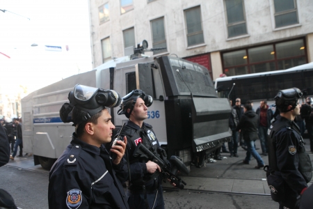ISTANBUL, TURKEY-JANUARY 9  Demonstration marking the anniversary of the murder last year of three Kurdish women in Paris was put down by the police on January 9 2014 in Istanbul,Turkey のeditorial素材