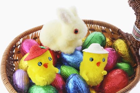 Toy Chicks, Bunny and Easter Eggs in Basket