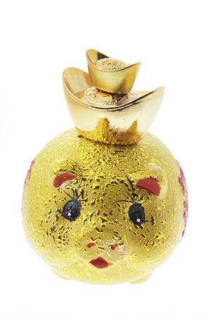 Golden Chinese Piggybank and Gold Ingots on White Backgroundの写真素材