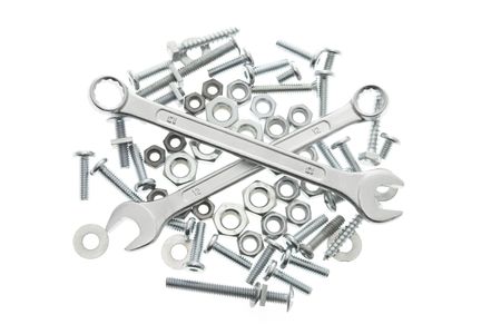 Spanners, Nuts and Bolts on white Background