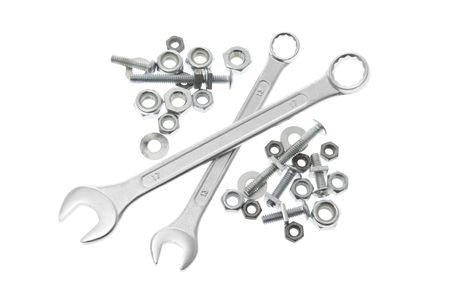 Spanners, Bolts and Nuts on White Background
