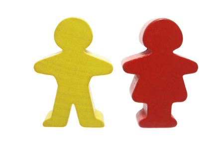 Wooden Figures Standing on White Backgroundの写真素材