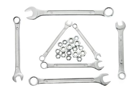 Spanners and Nuts on White Backgroundの写真素材