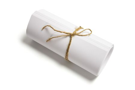 Roll of Papers Tied with String on White Background