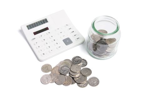 Calculator and Coins on Isolated White Backgroundの写真素材