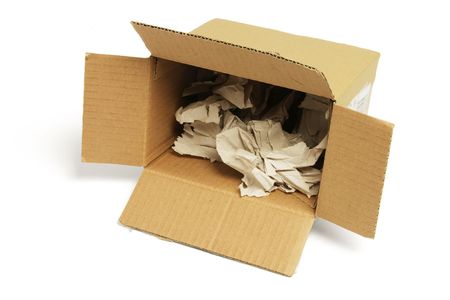 Waste Papers in Cardboard Box on White Background