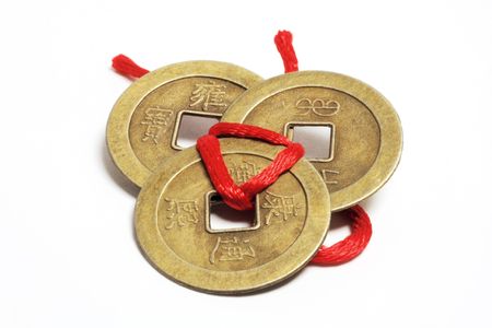 Chinese Ancient Coins on White Backgroundの写真素材