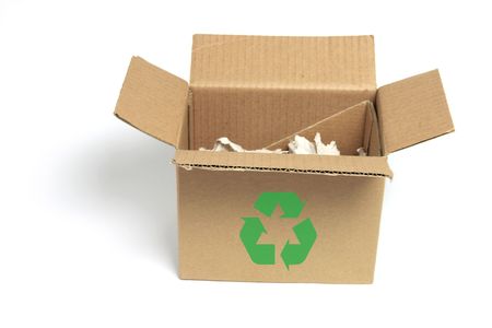 Cardboard Box with Recycle Symbol on White Backgroundの写真素材