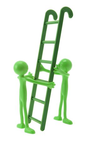 Miniature Figures and Ladder on White Backgroundの写真素材