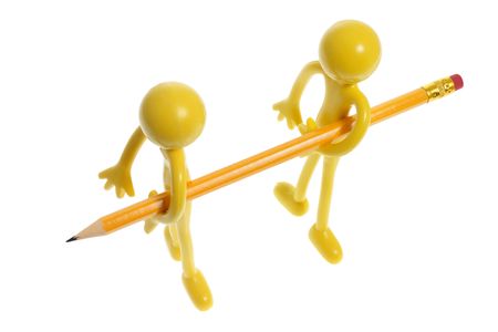 Rubber Figures Carrying Pencil on White Backgroundの写真素材
