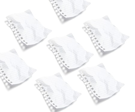 Crumpled Notepad Papers on White Backgroundの写真素材